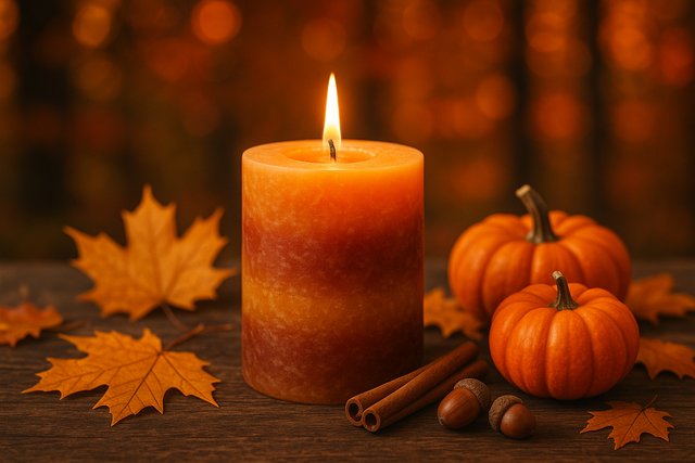 candle with fall theme background